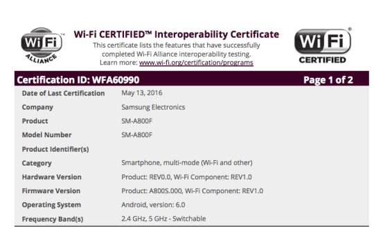 Samsung Galaxy A8 Marshmallow Update Wifi Certification