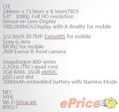 Sony Xperia Honami Specs Eprice