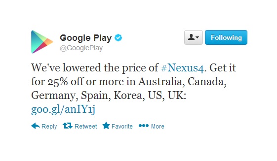 Google Nexus 4 25 Percent Price Drop