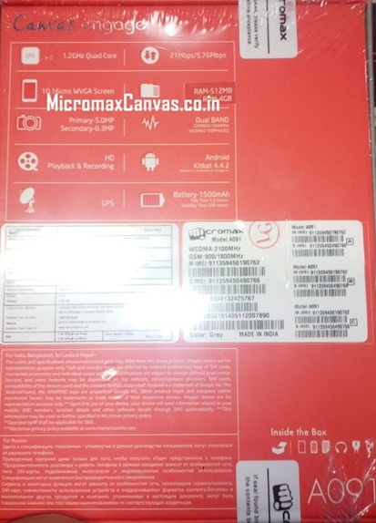 Micromax Canvas Engage Retail Box Back Specifications