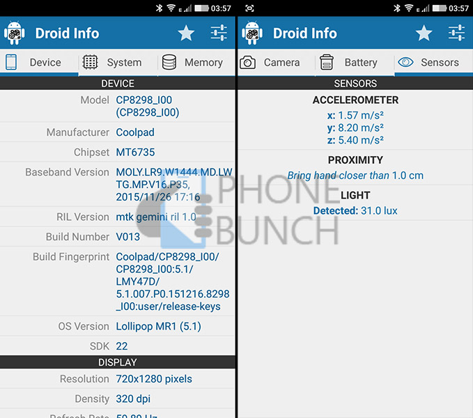 Coolpad Note 3 Lite Sensors Specifications