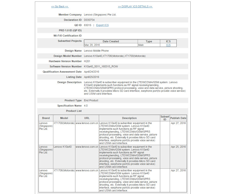 Bluetooth Certificate Lenovo Xt1700