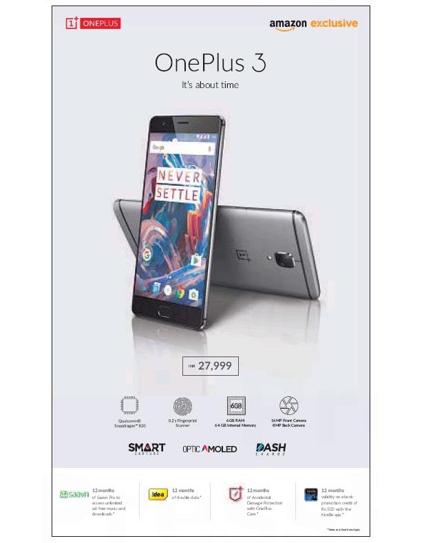 Oneplus 3 Advert India Pricing