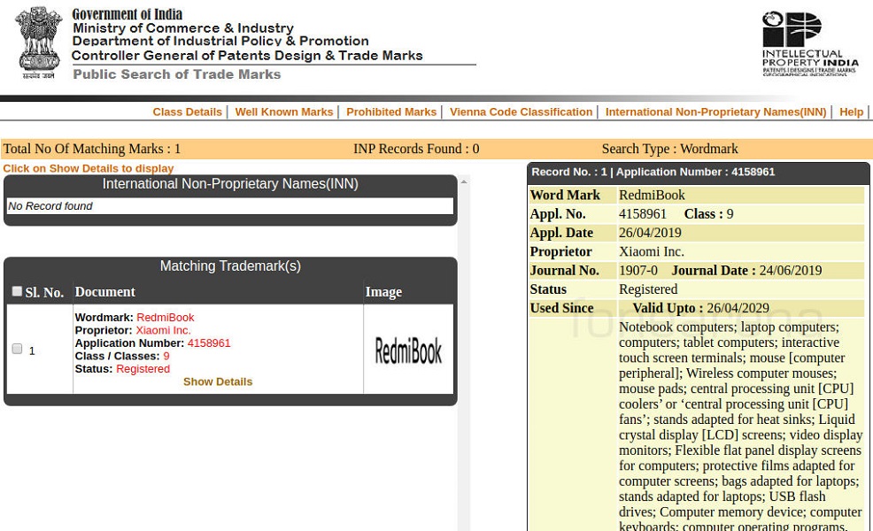 Xiaomi Redmibook Trademark India