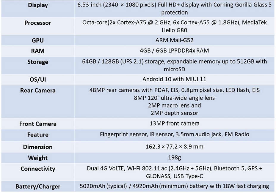 Redmi note 9 Spec