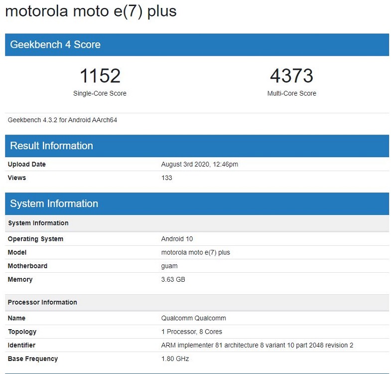 Motorola Moto E7 plus geekbench