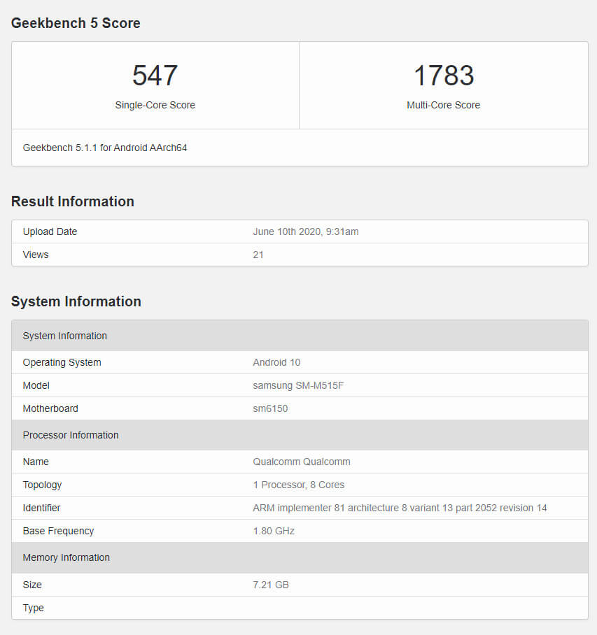 Samsung Galaxy M51 Geekbench leak