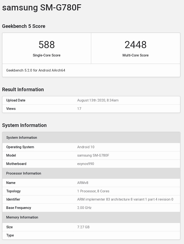 Samsung galaxy S20 fan edition Geekbench