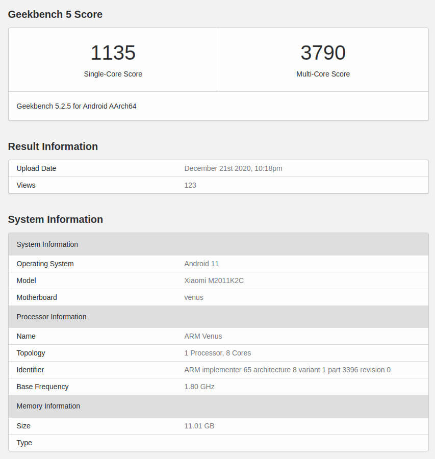 Xiaomi Mi 11 Geekbench leak