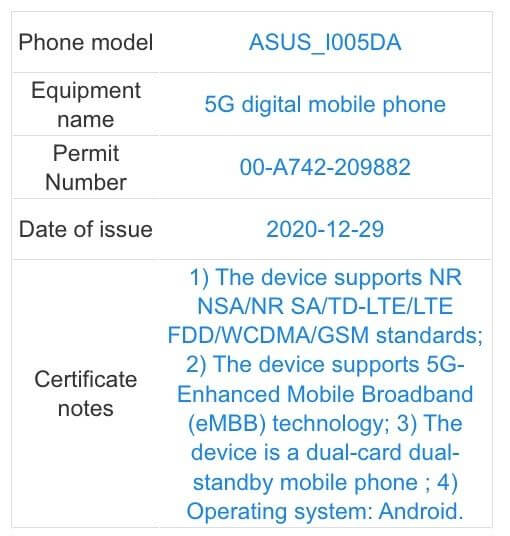 Rog Phone 5 ASUS_I005DA TENAA Certif 