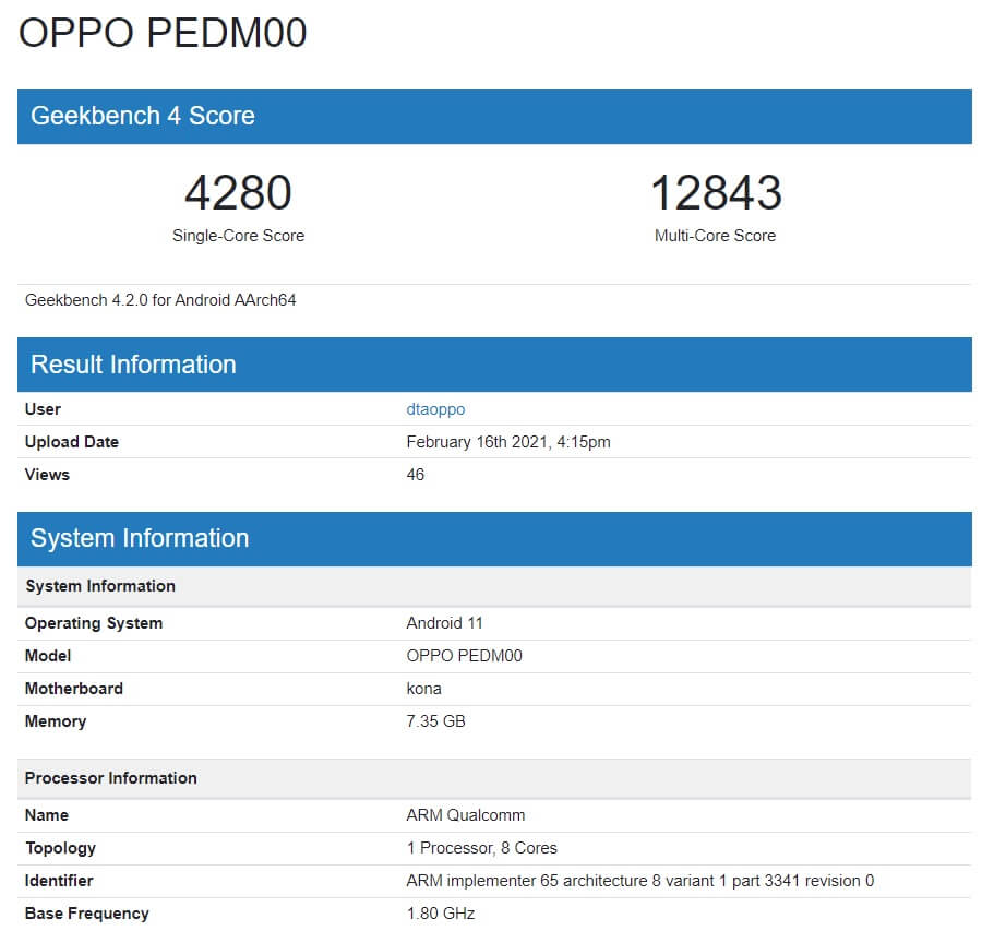 OPPO Find X3 Geekbench score