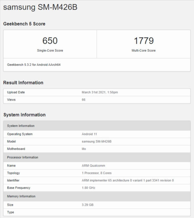 Samsung Galaxy M42 5G Geekbench score