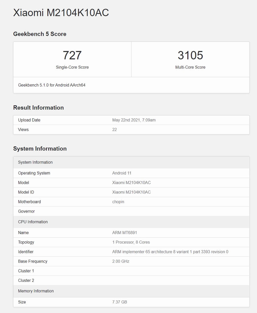 Redmi Note 10 Pro Plus M2104K10AC Geekbench