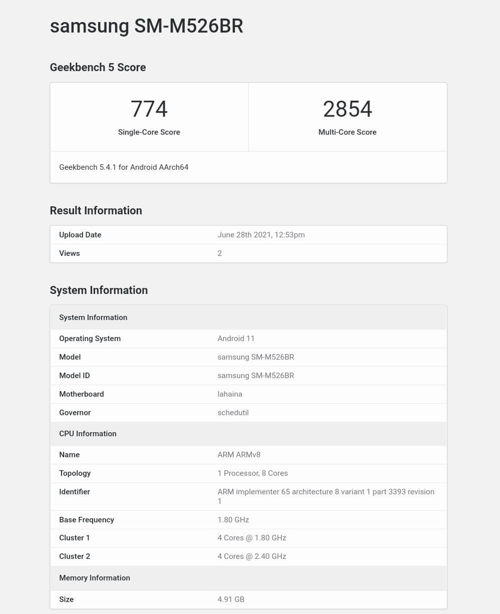 Samsung Galaxy M52 5G Geekbench