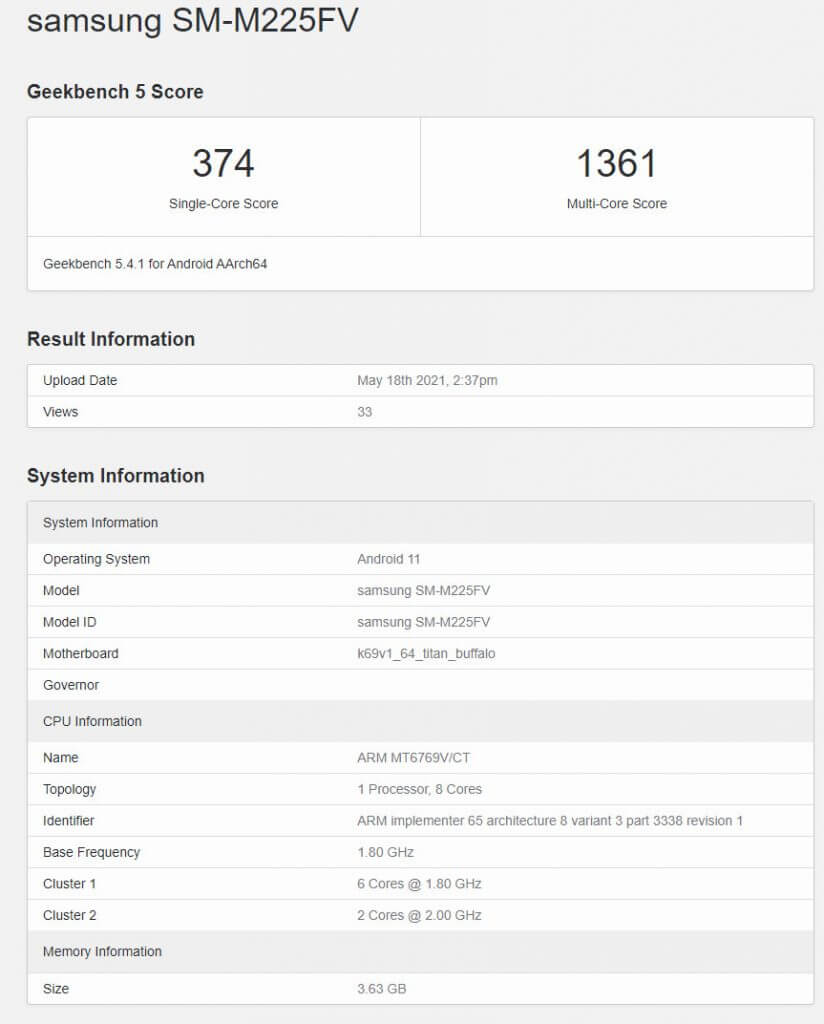 Samsung Galaxy M22 Geekbench 1