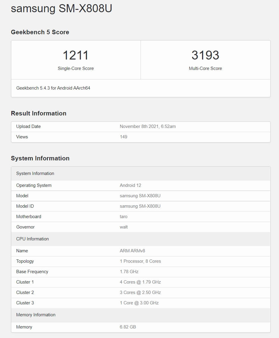 Samsung Galaxy Tab S8 SM X808U Snapdragon 898