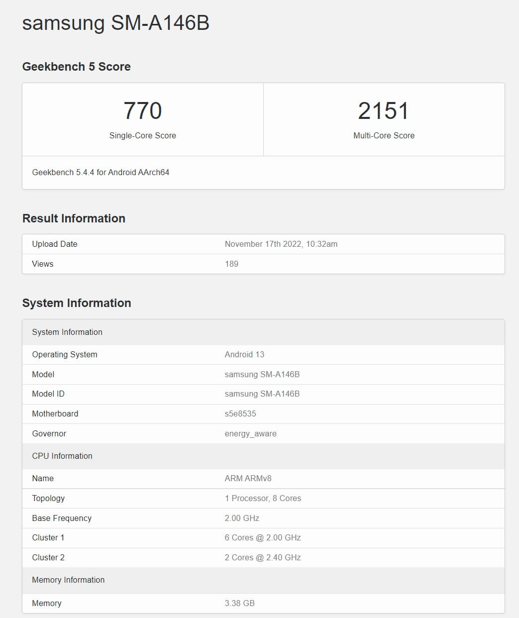 Samsung Galaxy A14 SM A146B Benchmark