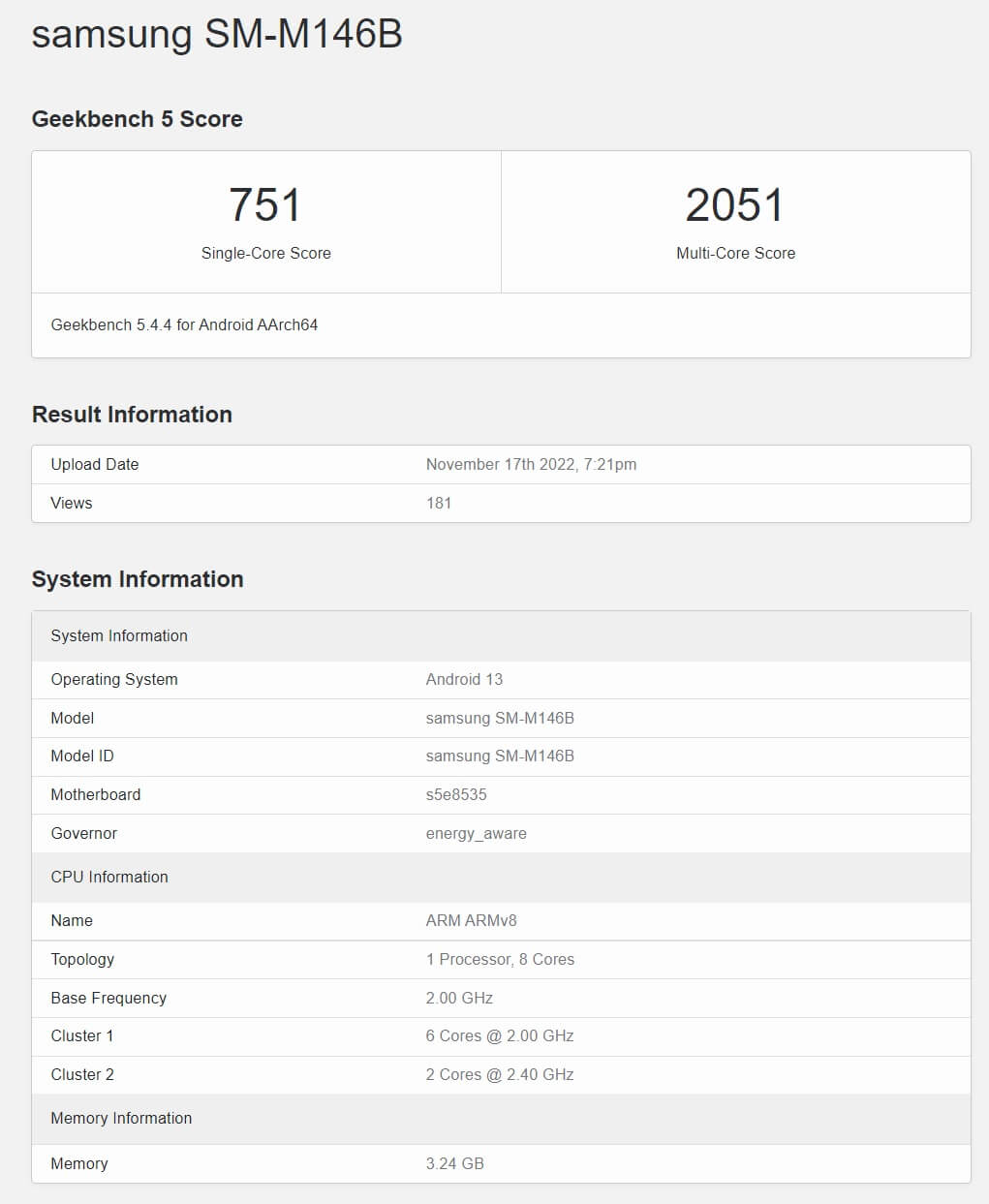 Samsung Galaxy A14 SM M146B Benchmark