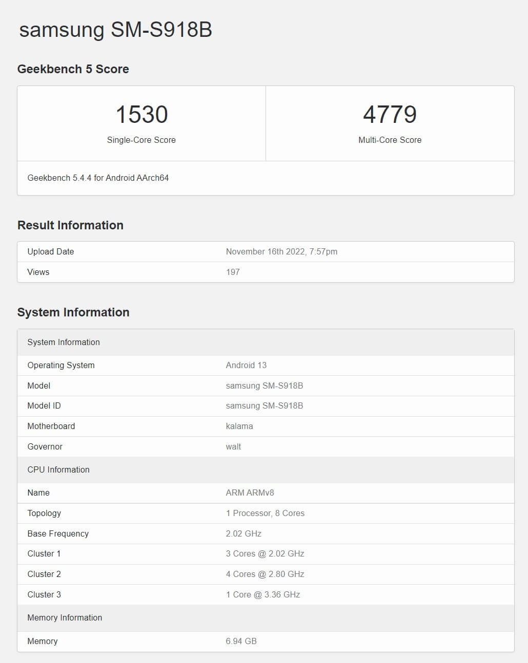 Samsung Galaxy S23 Ultra SM S918B geekbench