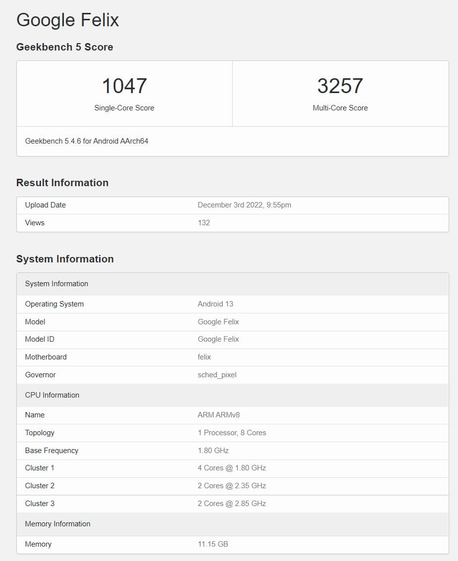 Google Pixel fold Felix Geekbench score