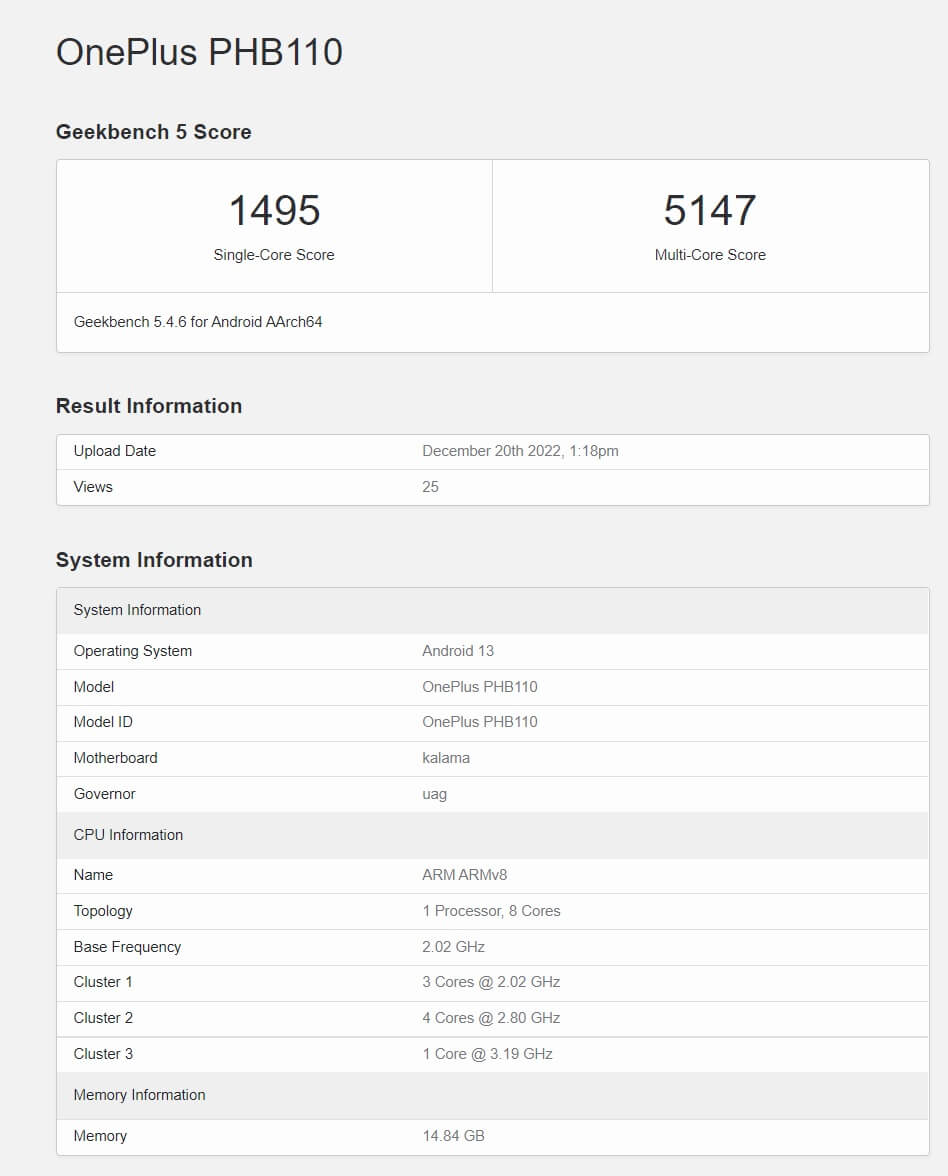 OnePlus 11 GeekBench Score