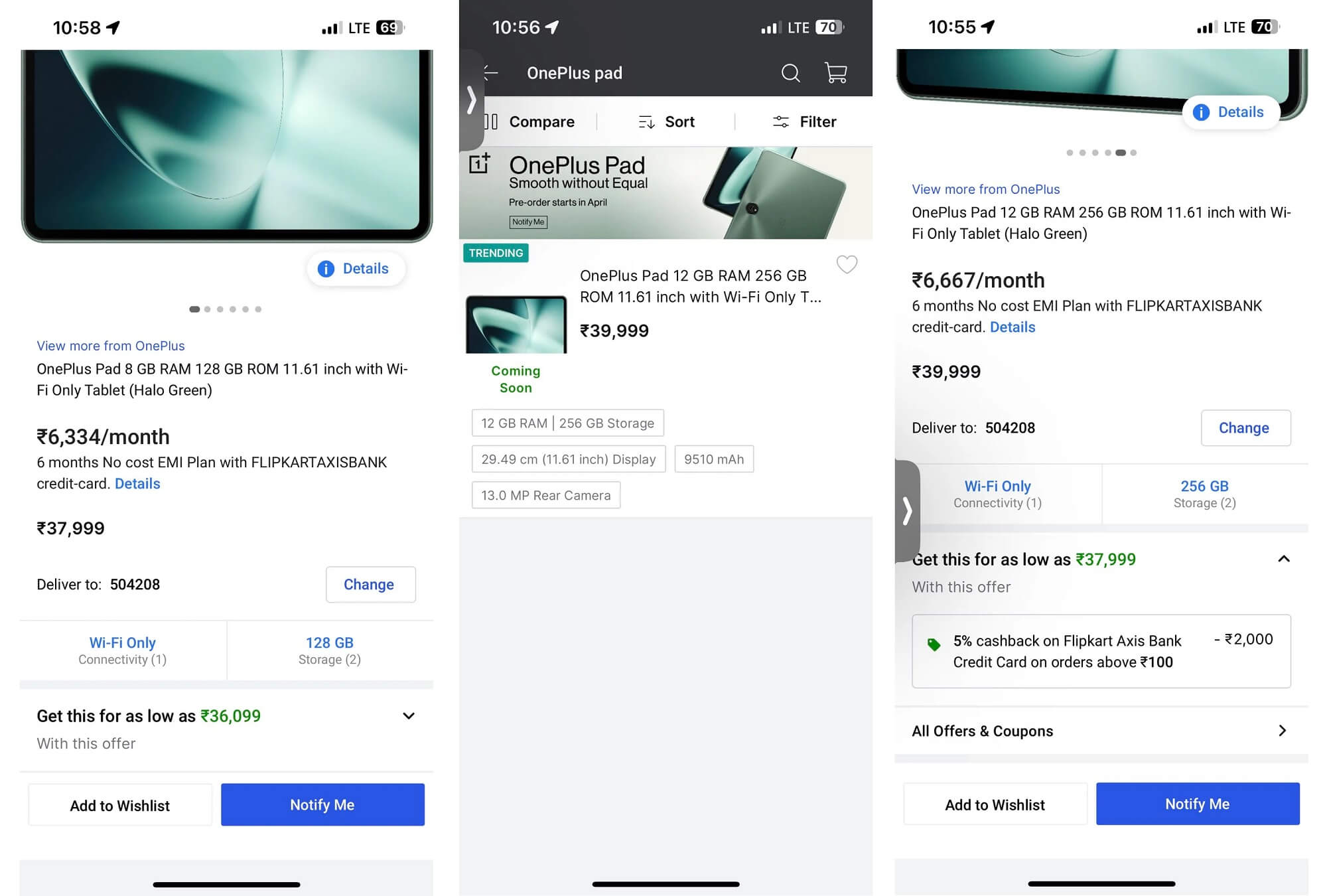 OnePlus pad Flipkart listing price