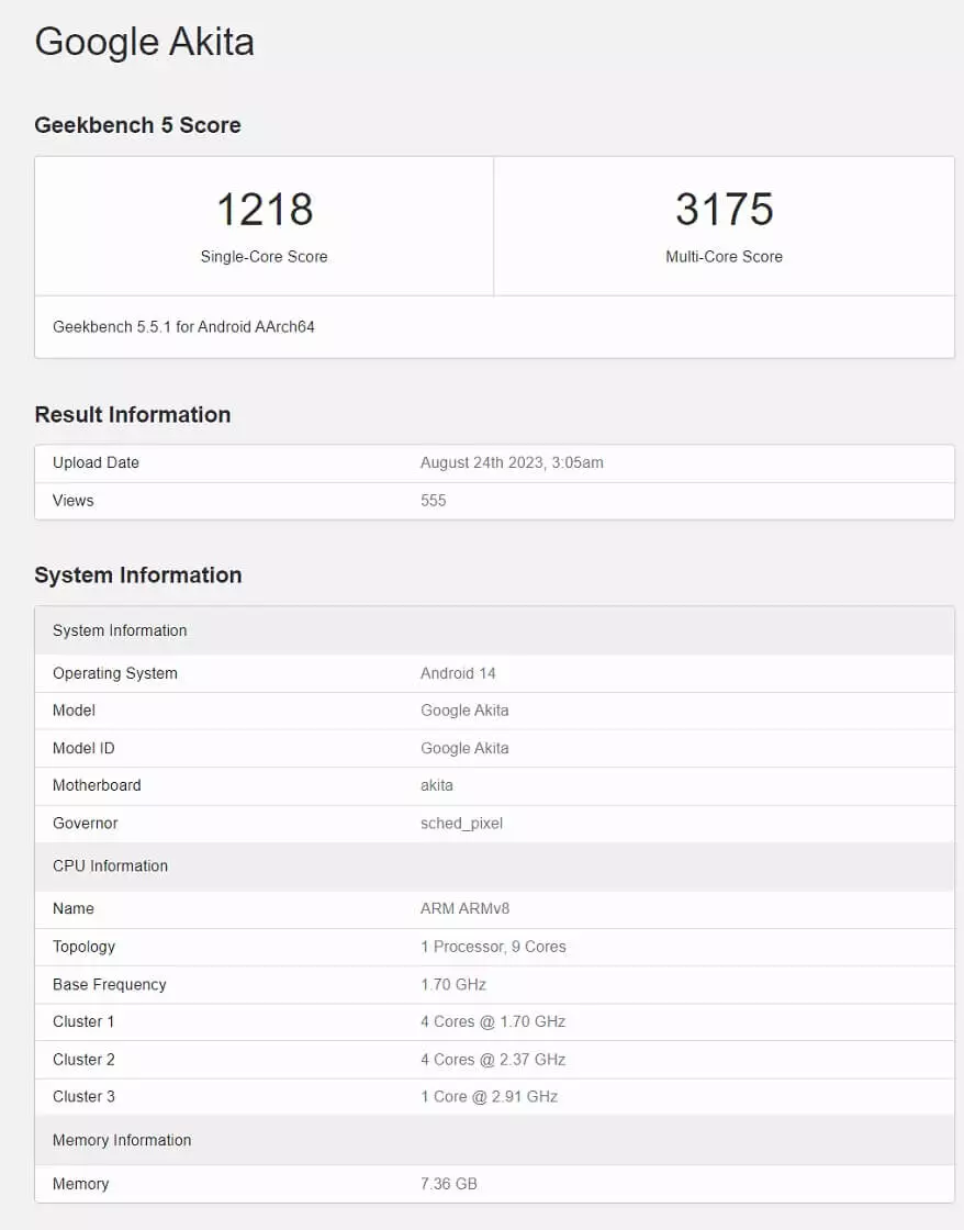 Google Pixel 8a Geekbench score leak.