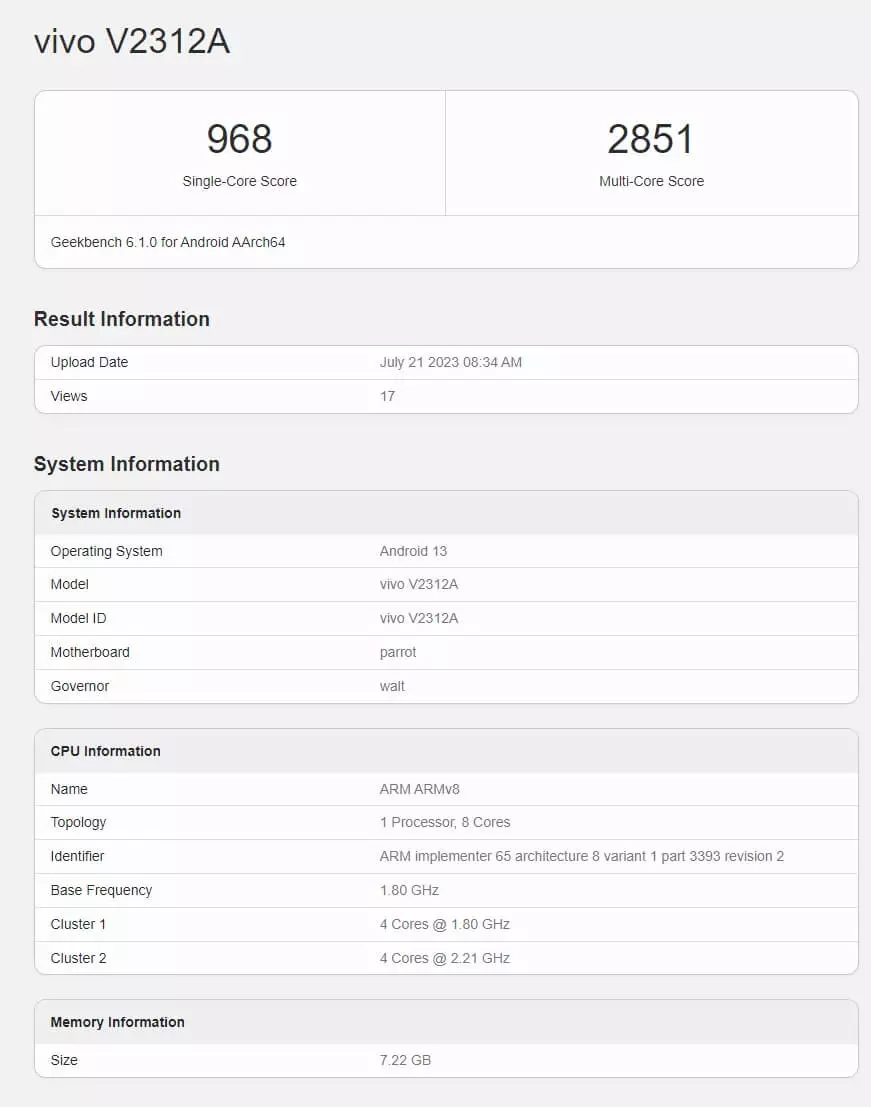 iQOO Z8x Geekbench V2312A score leak cn.