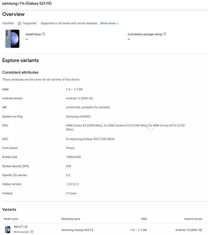Samsung Galaxy S23 FE Google Play Console Exynos Version.