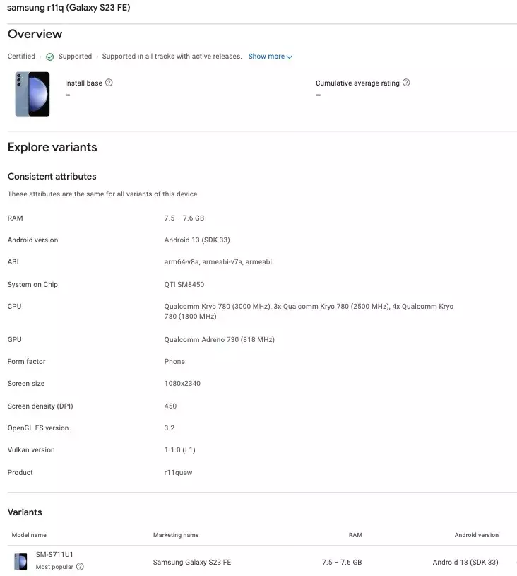 Samsung Galaxy S23 FE Google Play Console Snapdragon Version.