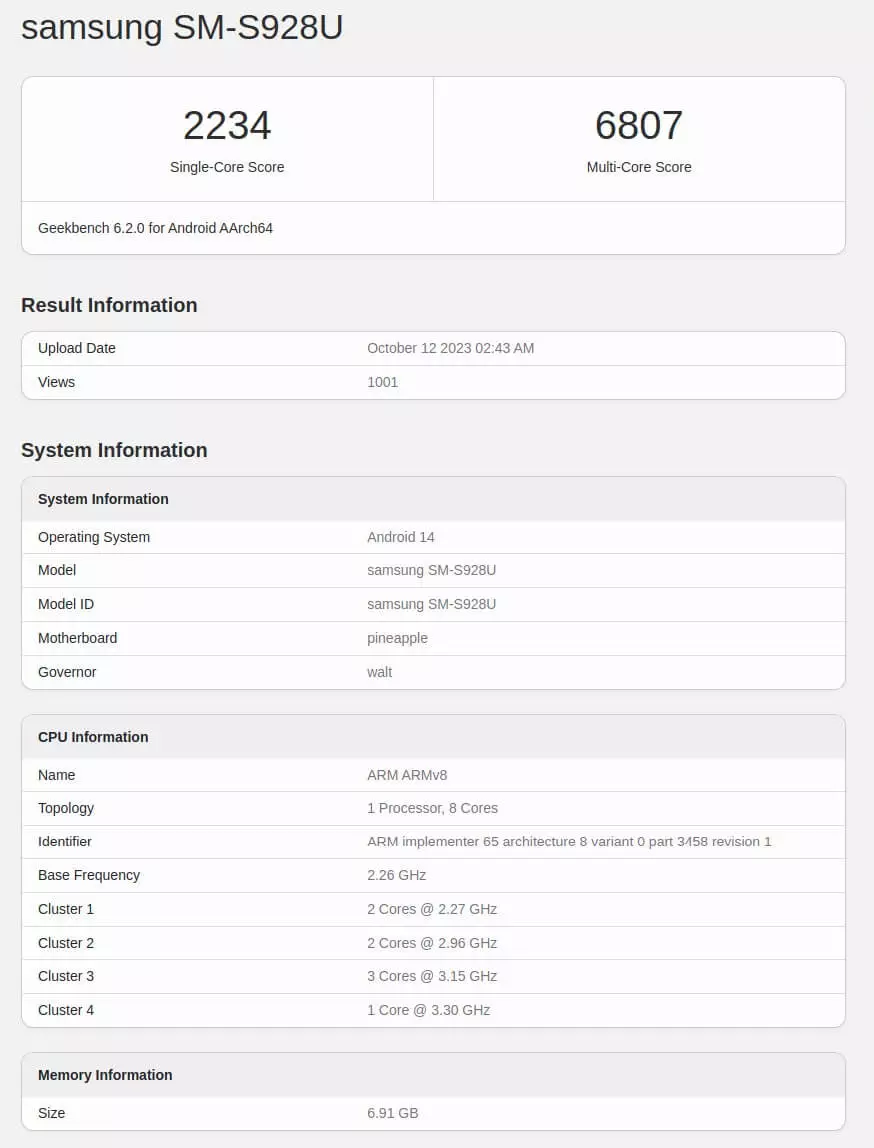 Samsung Galaxy S24 Ultra with Snapdragon 8 Gen 3 Geekbench 6.