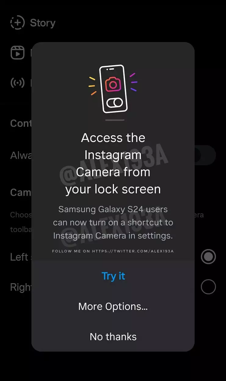 Galaxy S24 series Instagram Camera Shortcut.