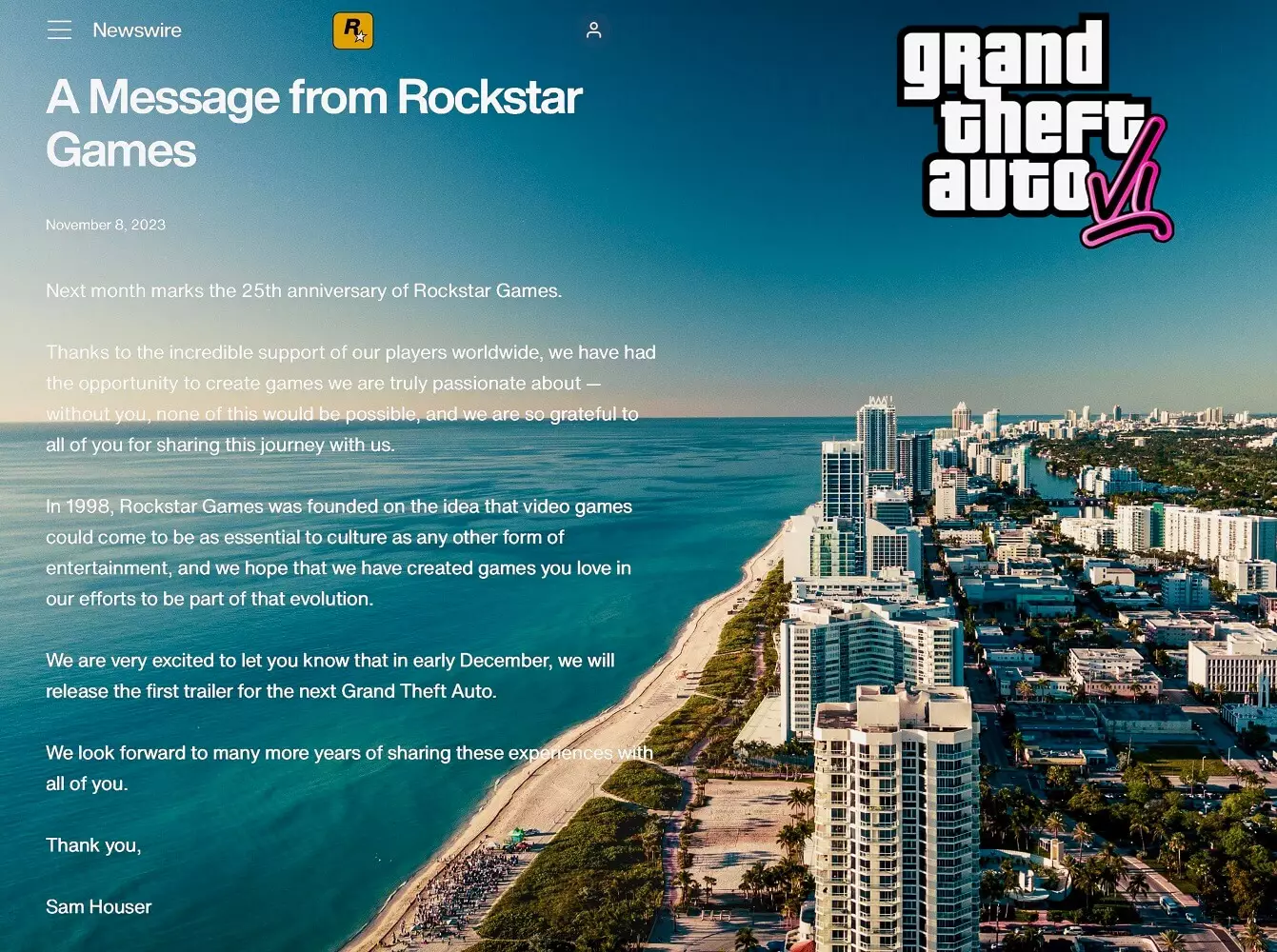 Rockstar games message for GTA 6.