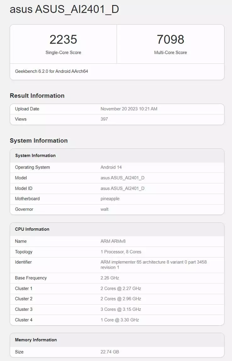 Asus ROG Phone 8 Ultimate Geekbench score leak.