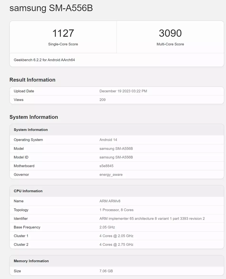 Galaxy A55 5G benchmark score leak.