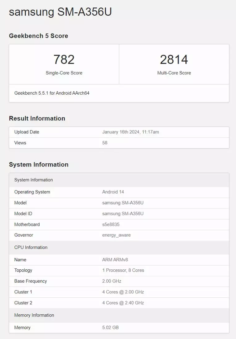 Samsung Galaxy A35 Geekbench score.