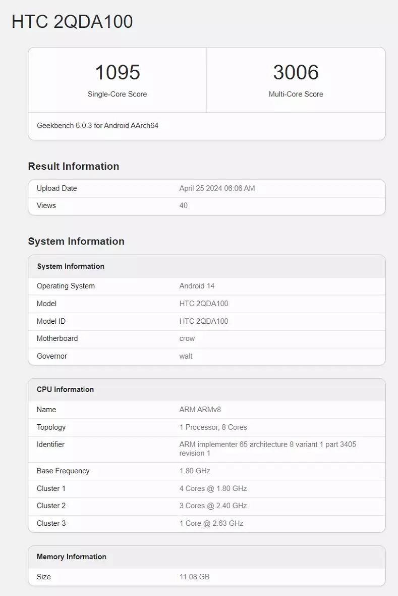 HTC 2QDA100 Geekbench scores leak.