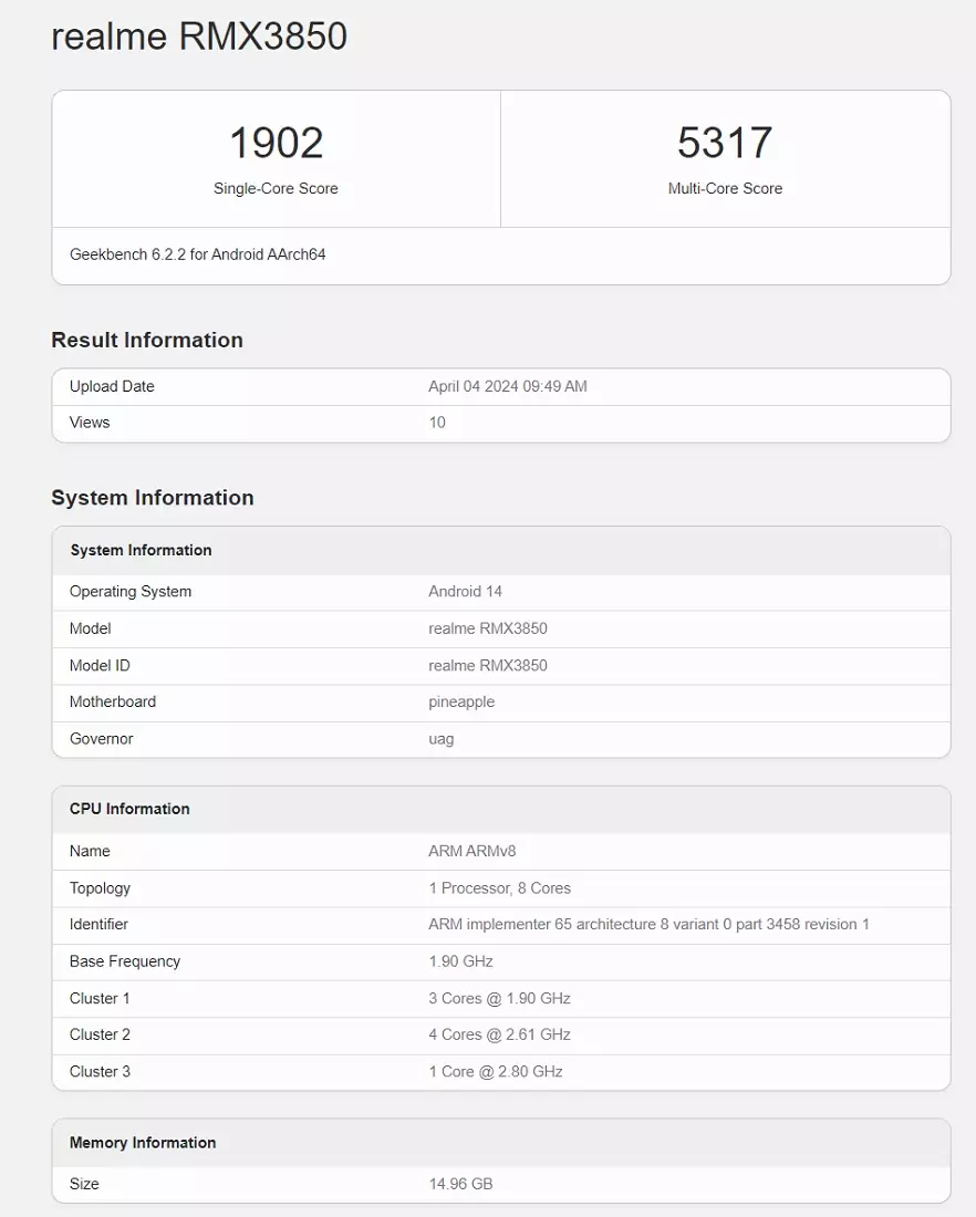 Realme GT Neo6 SE Geekbench score.