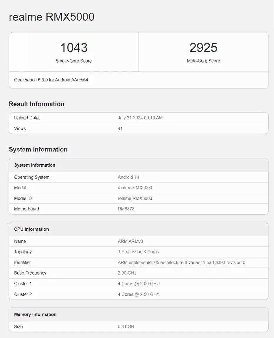 Realme 13 RMX5000 Geekbench score.