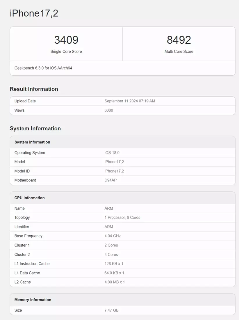 Apple A18 Pro Bionic Chip Geekbench score.