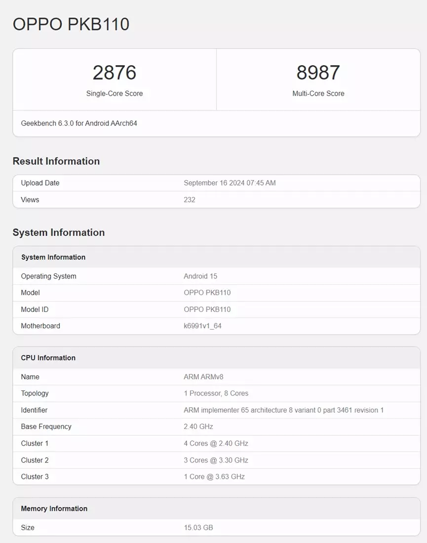 OPPO PKB110 Find X8 Dimensity 9400 Geekbench score.