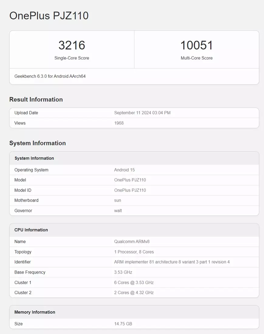 OnePlus 13 PJZ110 Snapdragon 8 Gen 4 Geekbench scores leak.