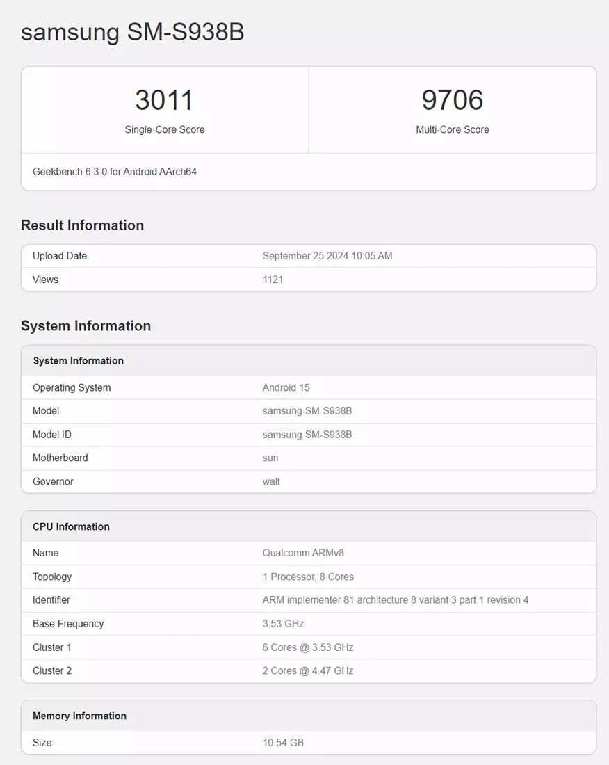 Samsung Galaxy S25 Ultra Geekbench score.