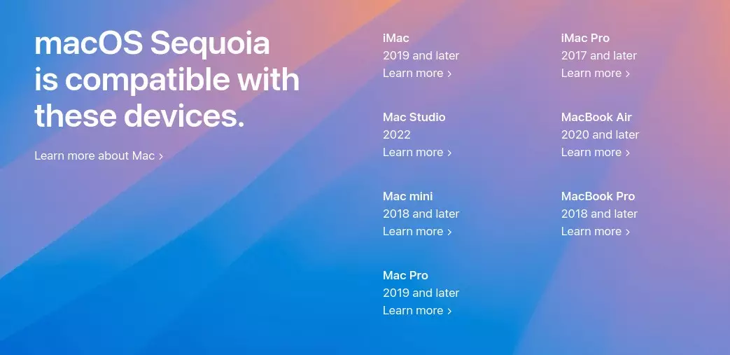 macOS Sequoia supported devices list.
