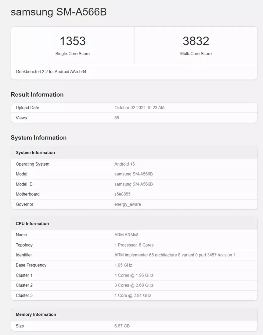 samsung galaxy a56 SM A566B Geekbench score.