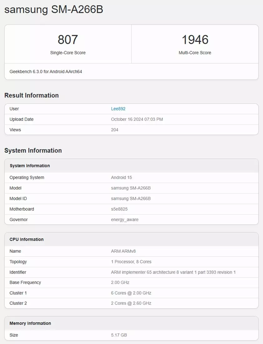 Samsung Galaxy A26 Geekbench score.