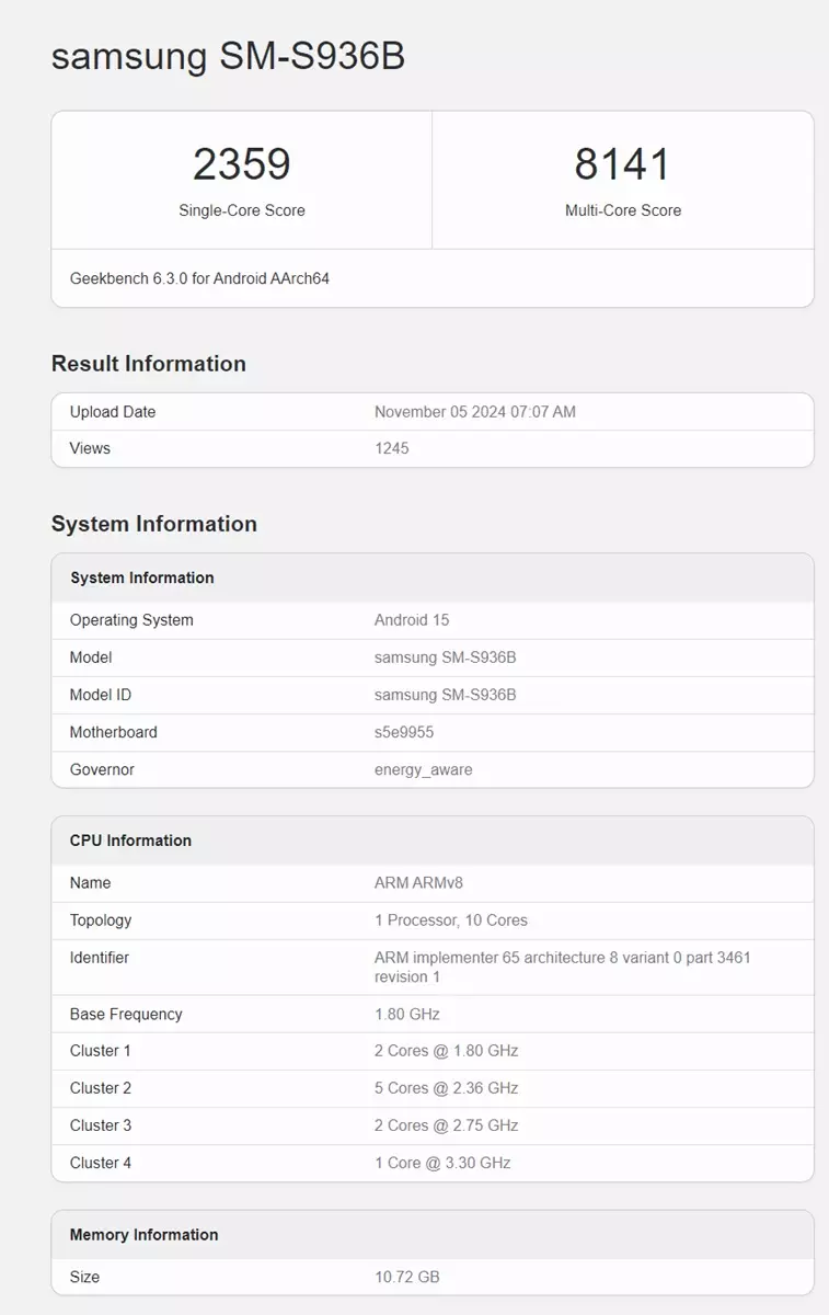 Samsung Galaxy S25 Plus Exynos 2500 Geekbench score.