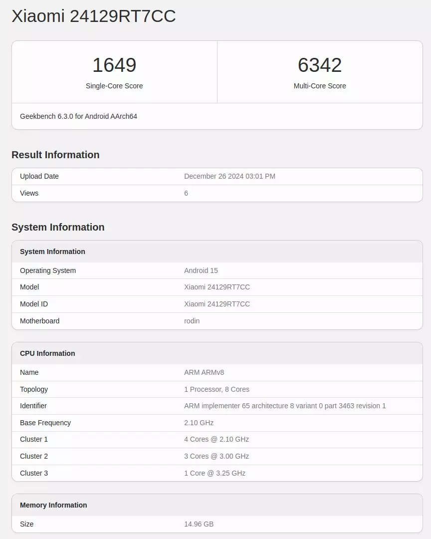 Redmi Turbo 4 Geekbench score cn.