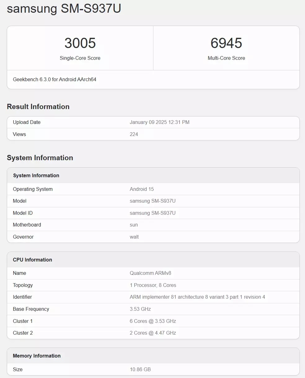 Samsung Galaxy S25 Slim Geekbench SM S937U score.