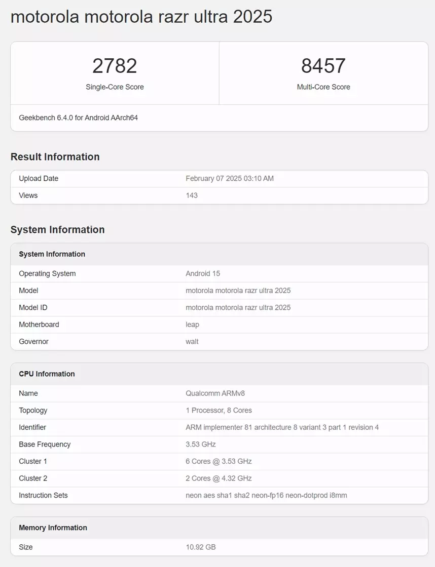 Motorola Razr Ultra 2025 Geekbench score.